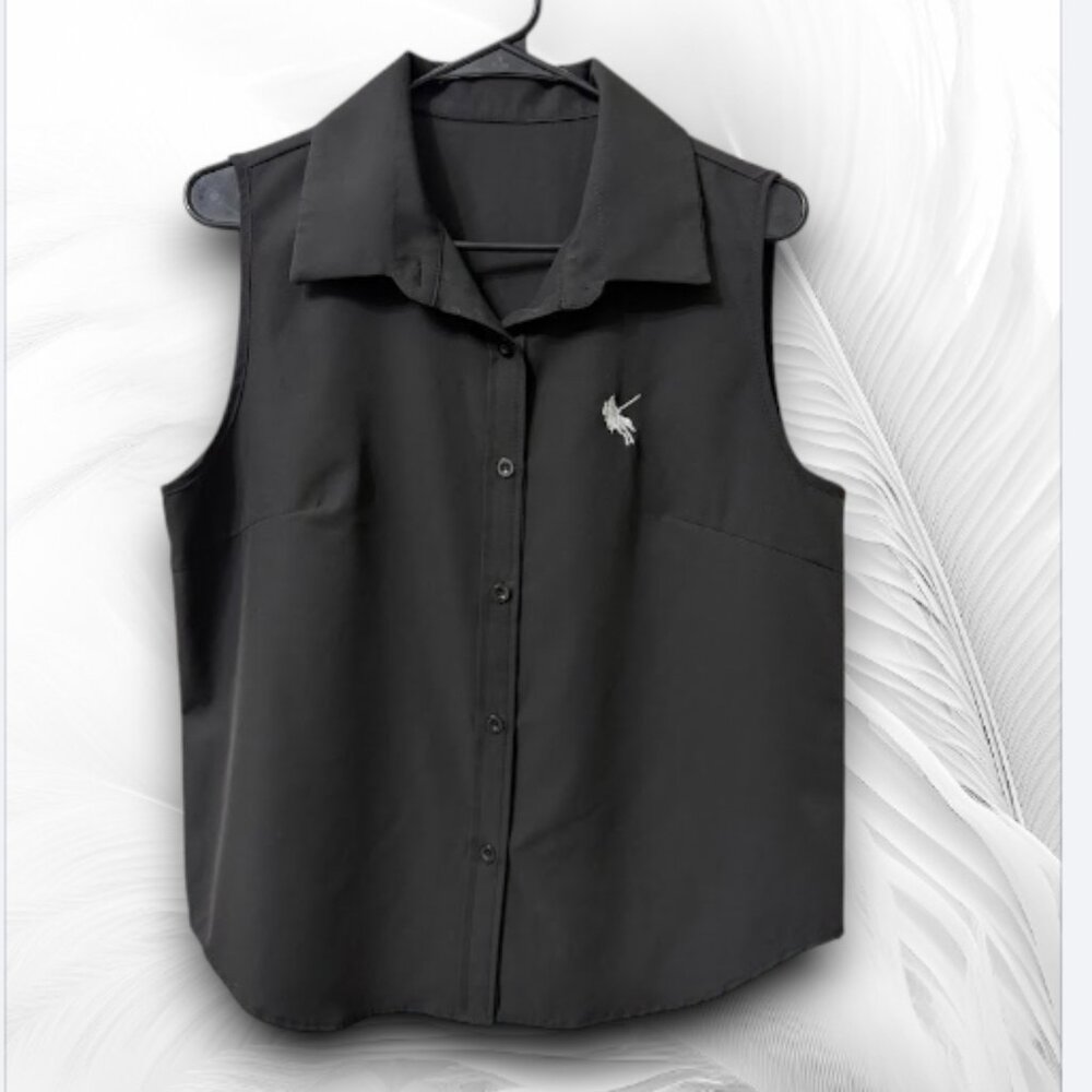Black Sleeveless Button Up Blouse Size L Lightweight Minimal Chic Top